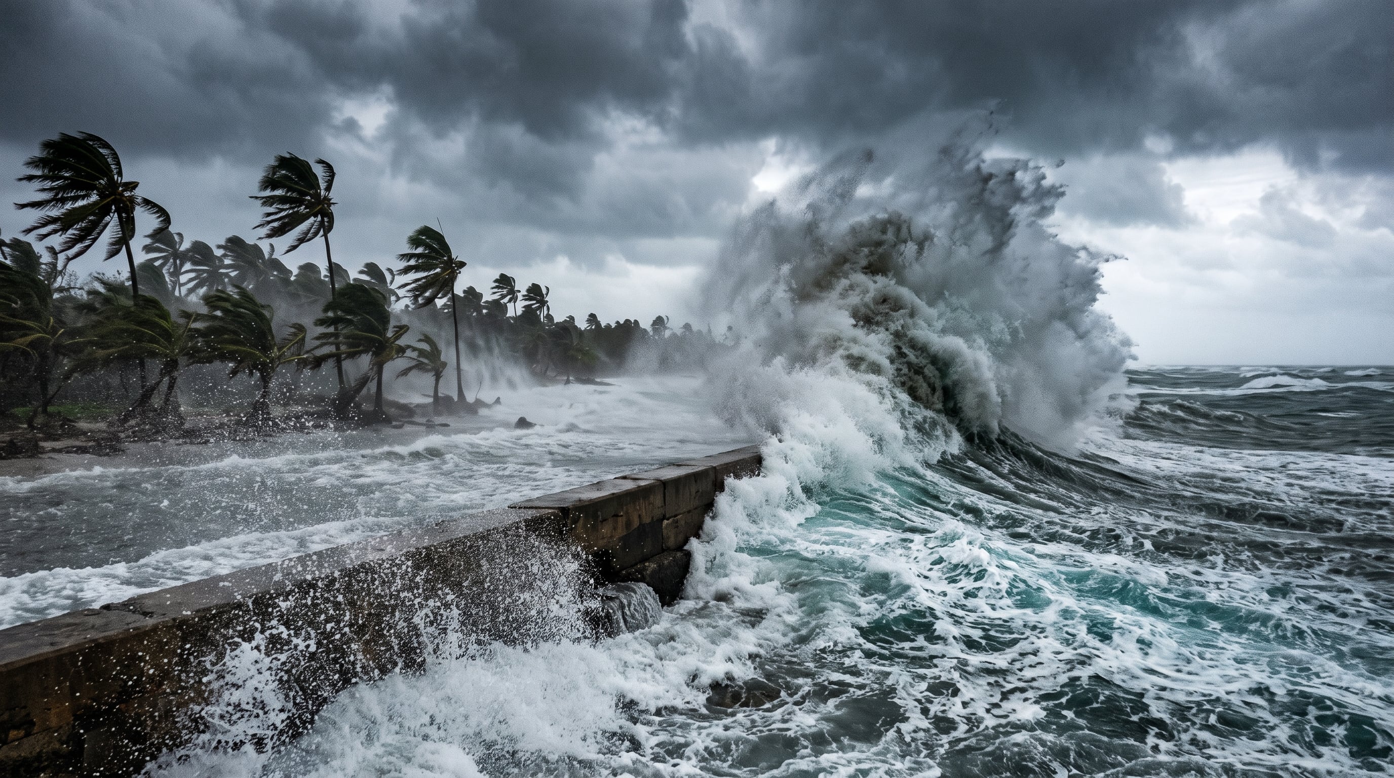 Grandes olas provocadas por un huracán de categoría 1 rompen contra un espigón de concreto en una costa tropical con palmeras inclinadas por el viento. (Imagen Ilustrativa Infobae)