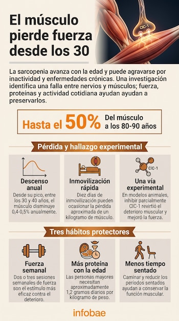 Infografía sobre masa muscular con secciones de texto, diagramas de una fibra muscular y seis recuadros ilustrados con íconos explicativos.