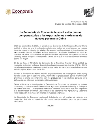 La dependencia dice que respeta el proceso abierto por autoridades chinas, pero advierte inquietud por el fallo inicial y afirma que buscará incidir antes del veredicto para evitar aranceles a exportadores nacionales