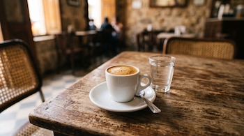 Una taza blanca con café espresso sobre un plato pequeño con cuchara, junto a un vaso con agua en una mesa de madera.