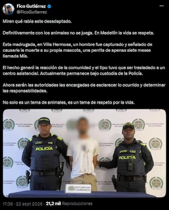 Federico Gutiérrez pidió justicia por la muerte de Mía: el hombre fue detenido - crédito @FicoGutierrez/X
