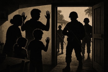 Siluetas oscuras de una familia con las manos levantadas dentro de una casa frente a soldados armados con cascos y fusiles en la puerta abierta.