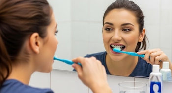 Mujer joven con cabello oscuro recogido, de perfil, cepillándose los dientes con un cepillo azul en un baño, con su reflejo visible en el espejo. Se observan sus brackets.