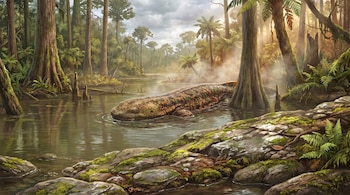 Una salamandra grande con manchas verdes y marrones flota en un río oscuro, rodeada de árboles altos, helechos, rocas musgosas y niebla que se eleva del agua.