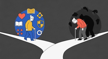Dos figuras mayores caminan por caminos que se bifurcan; una lleva bastón y está rodeada de símbolos coloridos, la otra está encorvada y rodeada de sombras.