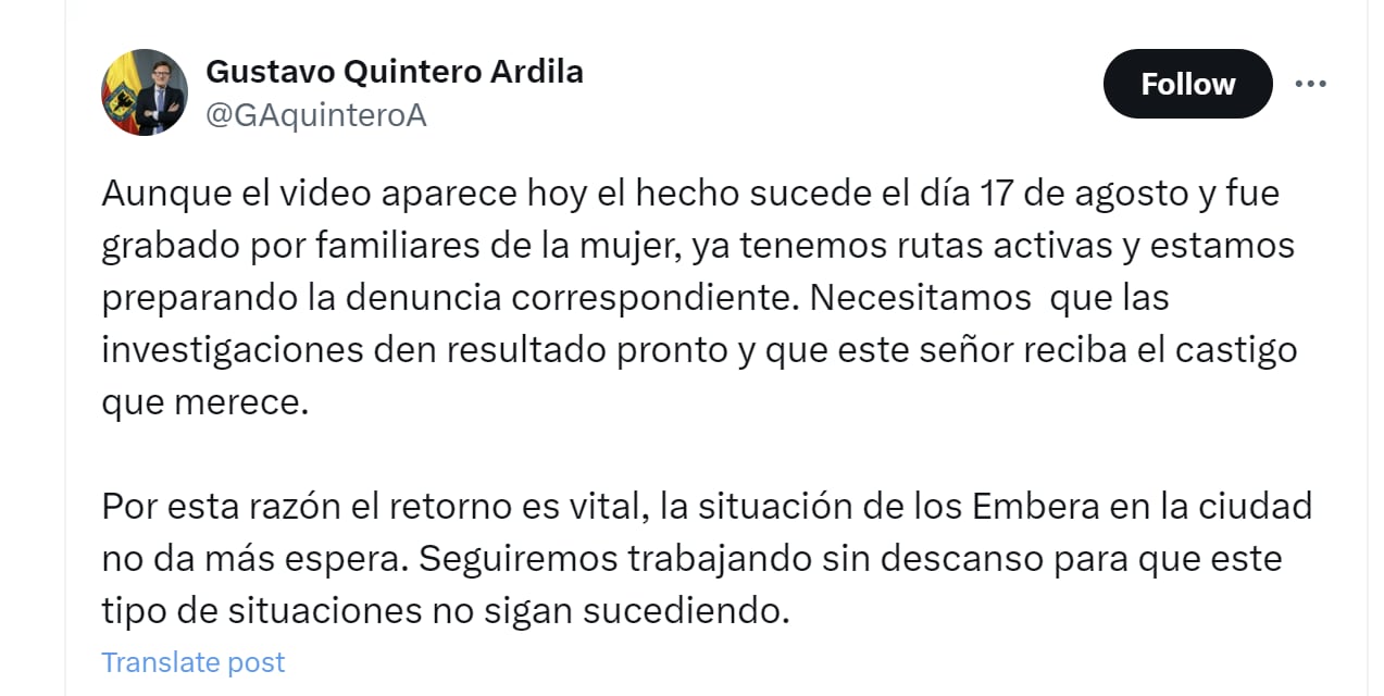 El Secretario de Gobierno de Bogotá, Gustavo Quintero Ardila, aseguró que la situación de la comunidad embera en la ciudad 
