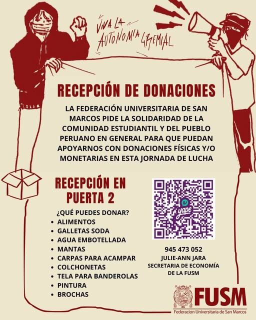 La Federación Universitaria de San Marcos (FUSM) emite un llamado a la comunidad estudiantil y al público peruano para apoyar con donaciones físicas y monetarias su jornada de lucha. (Facebook)