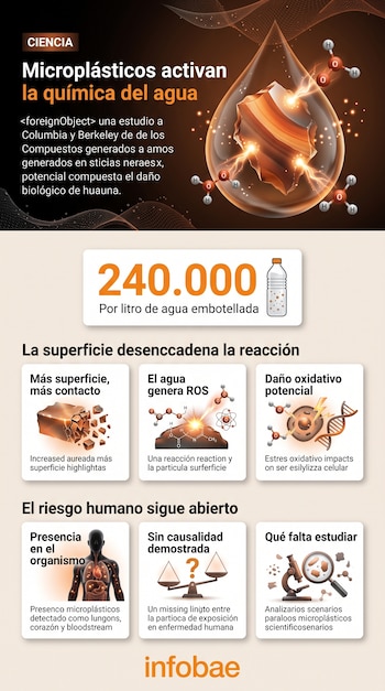 Infografía sobre microplásticos con la cifra de 240.000 partículas por litro de agua embotellada e ilustraciones de moléculas y células.