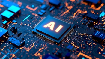 Microchip con inscripción IA, tecnología, inteligencia artificial, AI, conexión, circuitos, luces led, computadora, computación, ordenador, informática, procesador - visualesIA