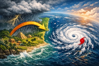 Ilustración de una franja de tierra con pirámides mayas, palmeras y lluvia, junto a un océano con un huracán giratorio y un símbolo rojo de tormenta.