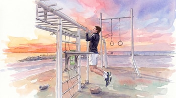 Acuarela de un joven haciendo una dominada en un gimnasio al aire libre al atardecer. El cielo muestra tonos rosados, naranjas y azules; el mar está de fondo.