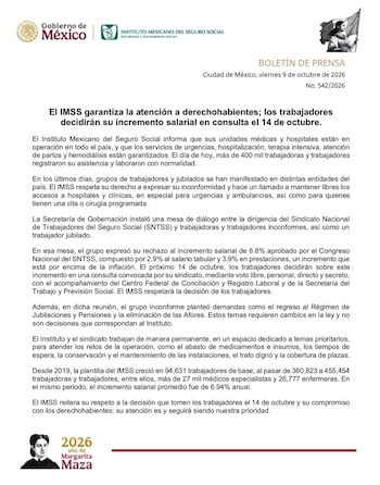 Un documento de texto impreso con los logotipos del Gobierno de México y del IMSS, un titular en negrita y varios párrafos de contenido