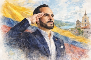 Pintura de Abelardo de la Espriella en acuarela, vistiendo traje oscuro y saludando. Detrás, colores de la bandera colombiana y un paisaje costero con una cúpula.