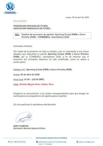 Comunicado de Conmebol oficializando el Miguel Grau del Callao como estadio de Sporting Cristal en su debut de Copa Libertadores 2026.