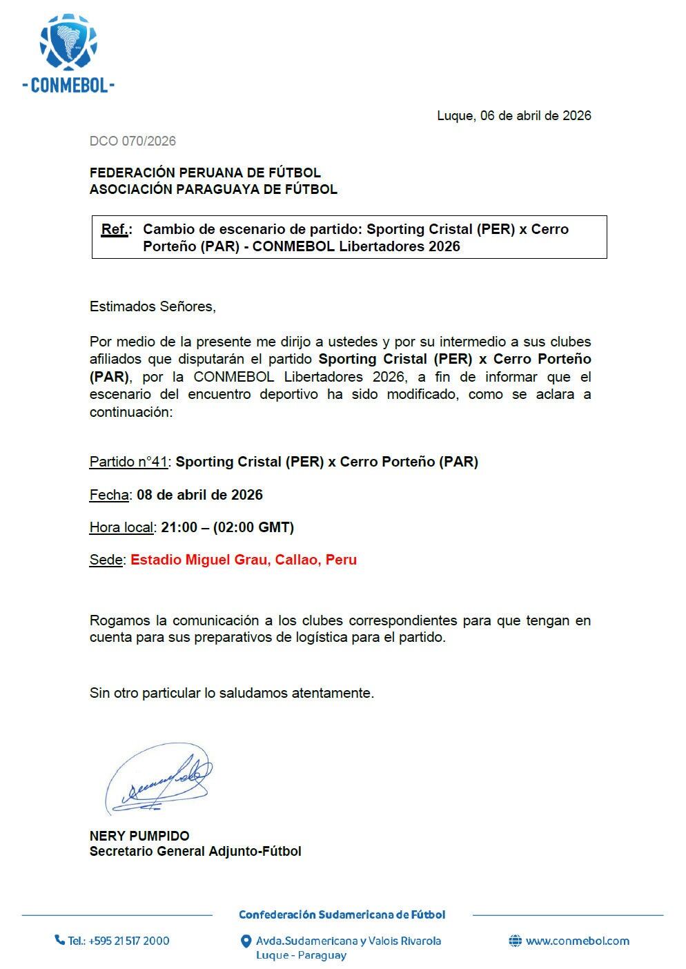 Comunicado de Conmebol oficializando el Miguel Grau del Callao como estadio de Sporting Cristal en su debut de Copa Libertadores 2026.