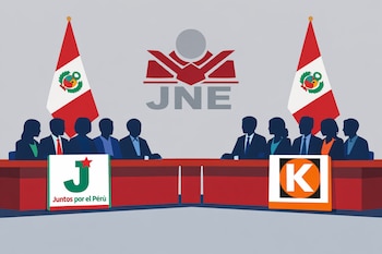 Ilustración plana de dos grupos de siluetas sentadas frente a una mesa. Cada grupo tiene un logo de partido político. Al centro, el logo del JNE y banderas de Perú.