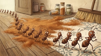 Ilustración de hormigas marrones huyendo con disgusto de canela en polvo derramada en el suelo de una cocina. El piso es de madera y baldosas. Botes de especias y una escoba.