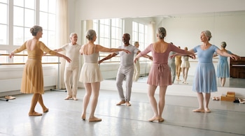 Seis adultos bailan en un estudio de ballet con espejos y ventanales. Llevan ropa de danza y zapatillas de ballet; una barra de ballet es visible.