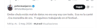 Peter Manjarrés se pronunció sobre su presentación en el Festival Vallenato - crédito @PeterManjarres/X