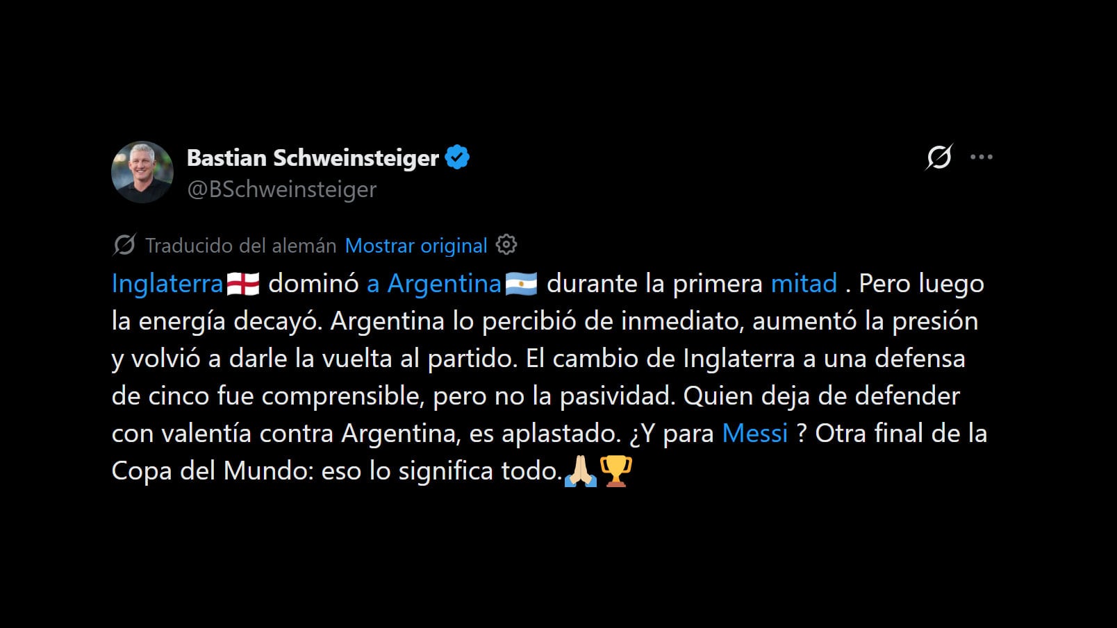 El análisis de Bastian Schweinsteiger a la derrota de Inglaterra ante Argentina (@BSchweinsteiger)