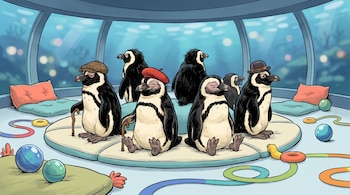 Seis pingüinos se sientan en cojines dentro de un acuario; tres usan sombreros (gorra, boina roja, bombín) y uno tiene un bastón. Juguetes coloridos están en el suelo.