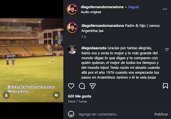 Captura de pantalla de Instagram con un video de Dieguito Fernando Maradona en un campo de fútbol de noche, junto a dos adultos, y comentarios de usuarios