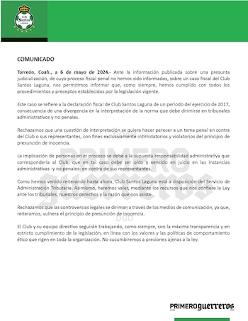 Comunicado Santos Laguna Alejandro Irarragorri- 6 mayo