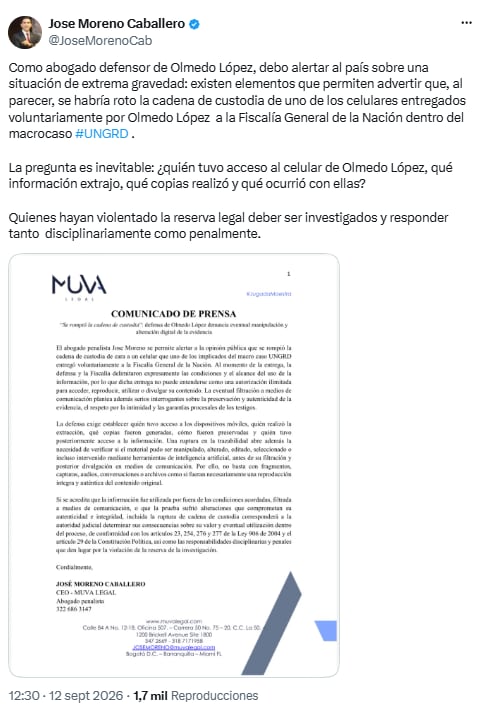 Comunicado del abogado de Olmedo López - crédito @JoseMorenoCab/X