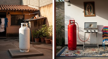 Dos imágenes muestran tanques de gas domésticos en entornos mexicanos: uno blanco exterior a una casa, y uno rojo junto a una estufa y una imagen de la Virgen.