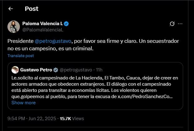 Paloma Valencia contestó al mensaje del presidente Gustavo Petro - crédito @PalomaValenciaL