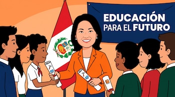 Caricatura de Keiko Fujimori en saco naranja entregando diplomas con íconos de oficios a estudiantes, frente a una bandera peruana y el texto 'Educación para el futuro'.