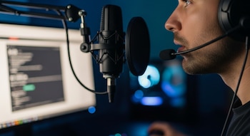 Vista lateral de un hombre con auriculares, hablando por un micrófono de estudio. Se ve parte de su boca y barbilla. Al fondo, una pantalla de computadora.