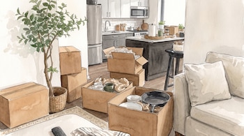 Ilustración en acuarela de una cocina y sala con cajas de cartón abiertas que contienen sartenes, platos y tazas, junto a un sofá y una planta.