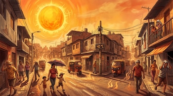 Ilustración de una calle urbana con personas usando sombrillas, mototaxis en la vía, un sol grande y un panel con el texto 40 °C.