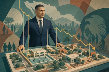 Ilustración de un hombre de traje frente a una maqueta de un vecindario con casas, árboles y una gráfica de líneas descendente con flecha.