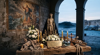 Escultura religiosa sobre una mesa de madera con flores blancas, velas encendidas, maderas, redes y un cuadro de fondo frente al mar.