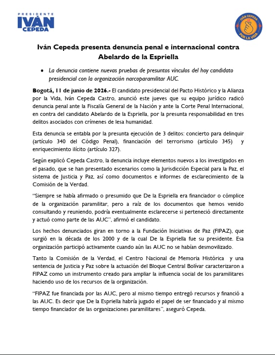 Iván Cepeda denunció a De la Espriella por los delitos de concierto para delinquir, financiación del terrorismo y enriquecimiento ilícito - crédito prensa Iván Cepeda