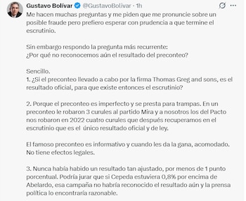 Desde sus redes sociales, el excongresista respondió a dudas sobre un eventual fraude y defendió que el conteo preliminar es solo informativo, mientras la verificación final define el resultado legal - crédito Gustavo Bolívar/X