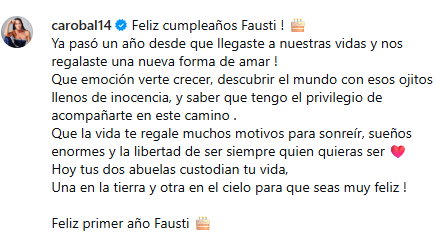Las emotivas palabras de Carolina Baldini para su nieto Fausti (Instagram)
