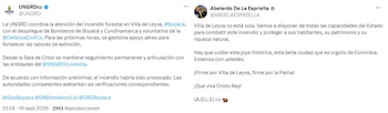 La Ungrd informó sobre la coordinación de los organismos de socorro, mientras Abelardo de la Espriella aseguró que se dispondrán las capacidades del Estado para atender el incendio. - crédito X