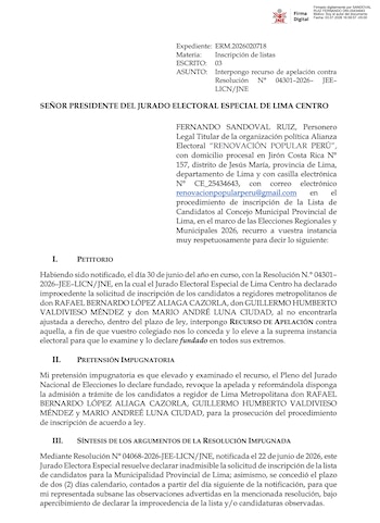 Documento legal impreso con texto en español, logos del JNE y Firma Digital, encabezado, secciones y contenido sobre un recurso de apelación electoral