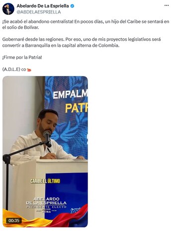 Abelardo de la Espriella anunció gobierno desde las regiones y fin del centralismo - crédito @ABDELAESPRIELLA/X
