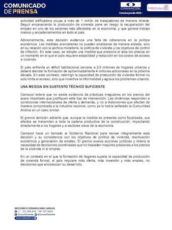 El aumento de los aranceles podría elevar en un 3,9% los costos totales del sector constructor y traducirse en un alza de hasta 2,2% en los precios de vivienda - crédito Camacol