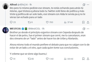 Westcol afirmó que fue el equipo de Iván Cepeda el que rechazó hacer la transmisión con él, y no al revés - crédito @WestCOL/X
