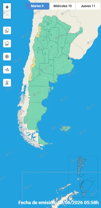 Un mapa de Argentina con áreas coloreadas en verde y amarillo que indican el pronóstico meteorológico para el 9 de junio de 2026