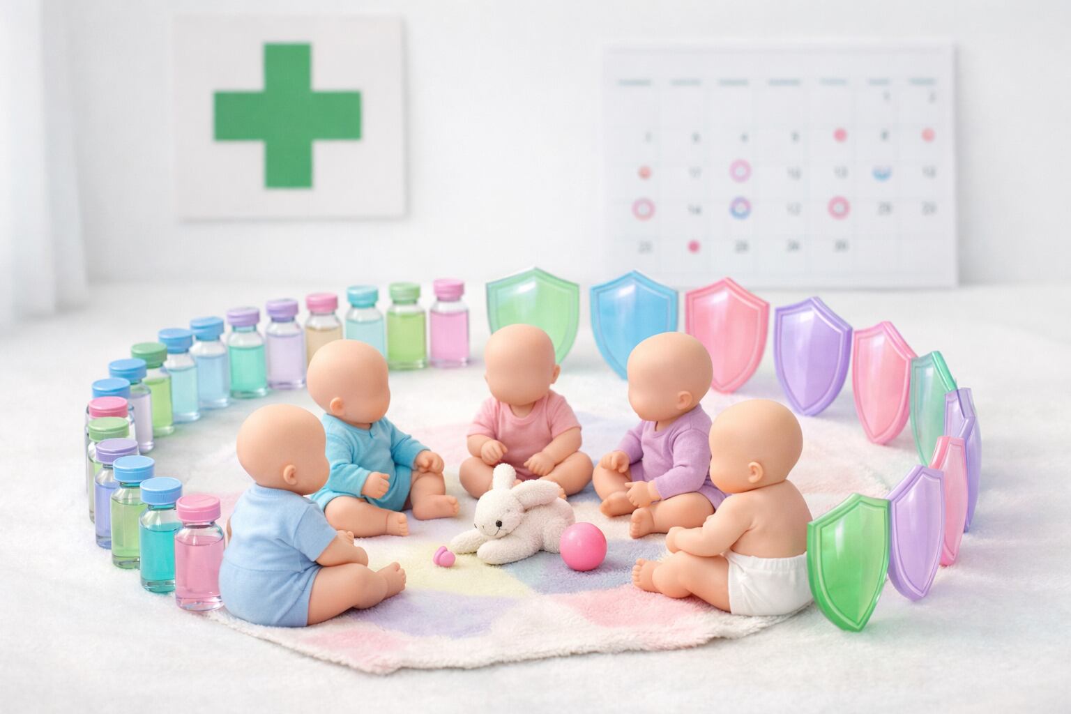 La protección colectiva de la infancia se representa con figuras de bebés rodeadas por frascos y escudos, elementos que simbolizan la inmunidad de grupo y el calendario de vacunación. (Imagen Ilustrativa Infobae)