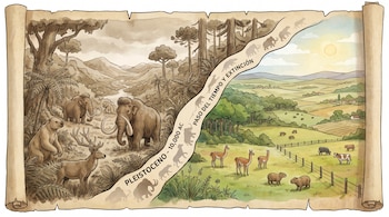 Ilustración de un paisaje dividido: izquierda, mamuts, ciervo gigante y oso en el Pleistoceno; derecha, llamas, capibaras y ganado en un campo actual, con línea divisoria.