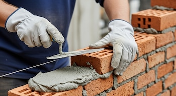 Manos y brazos enguantados de un albañil, que usa una llana para aplicar cemento sobre un ladrillo, construyendo una pared de ladrillos.