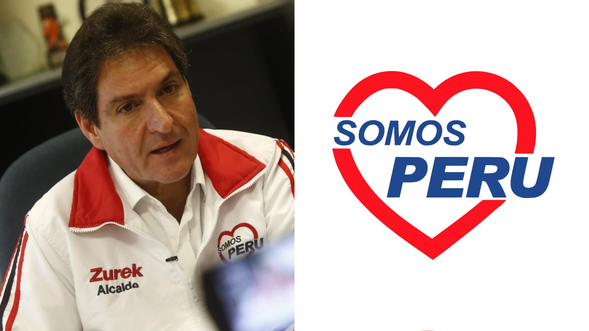 El exalcalde del distrito de La Molina, Juan Carlos Zurek, aparece con una chaqueta oficial junto al logotipo del partido Somos Perú. (Composición: Infobae Perú)