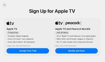 Pantalla de suscripción a Apple TV con dos opciones: plan individual con prueba gratuita y paquete Apple TV y Peacock con precio de $14.99